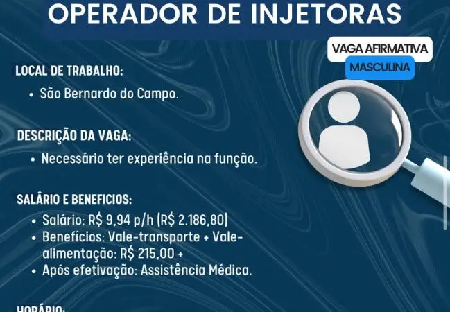 1 Vaga de emprego para Operador De Injetoras na Cidade São Bernardo do Campo em 08/09