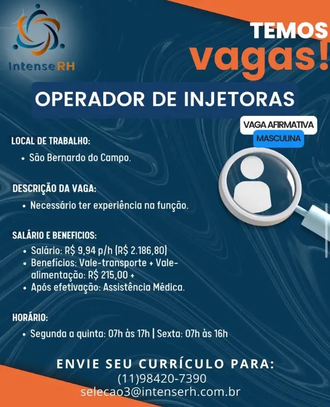 1 Vaga de emprego para Operador De Injetoras na Cidade São Bernardo do Campo em 08/09