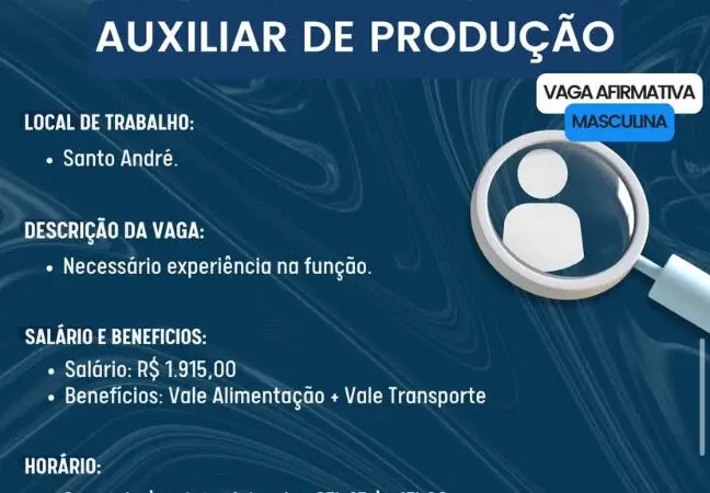 1 Vaga de emprego para Auxiliar De Produção na Cidade Santo André em 08/09