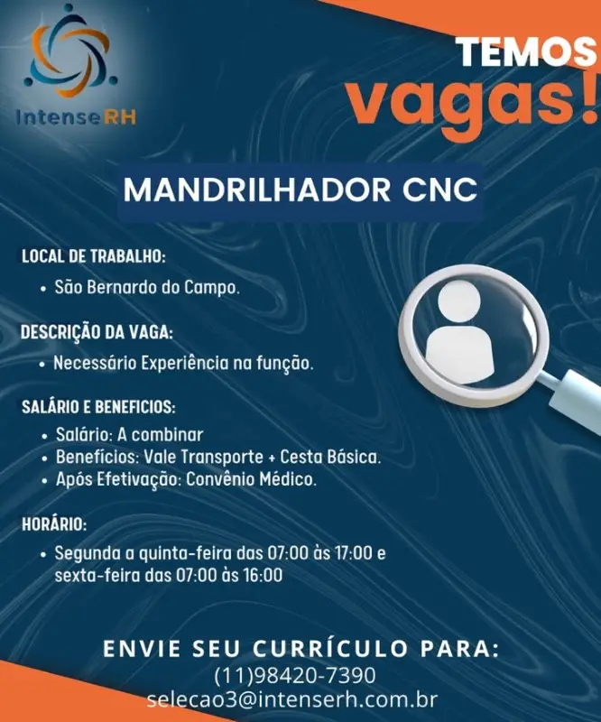 1 Vaga de emprego para Mandrilhador Cnc na Cidade São Bernardo do Campo em 08/09