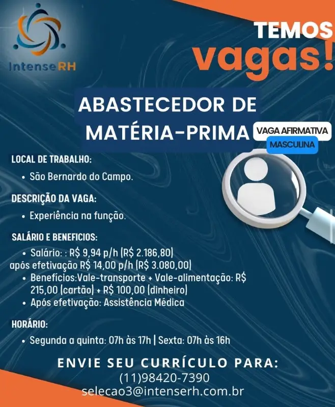 1 Vaga de emprego para Abastecedor De Matéria Prima na Cidade São Bernardo do Campo em 08/09