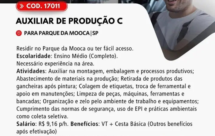 1 Vaga de emprego para Auxiliar De Produção no Bairro Parque da Moóca em 08/09