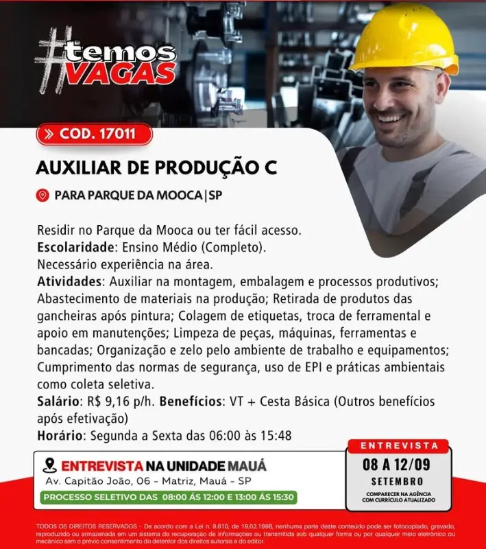 1 Vaga de emprego para Auxiliar De Produção no Bairro Parque da Moóca em 08/09