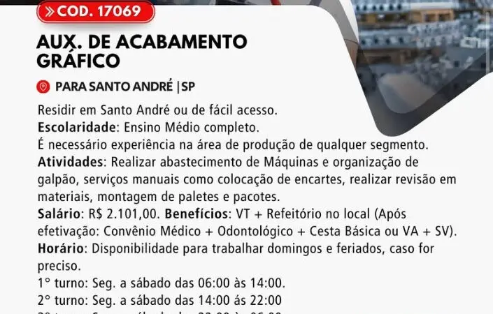 25 Vagas de emprego para Auxiliar De Acabamento Gráfico na Cidade Santo André em 08/09