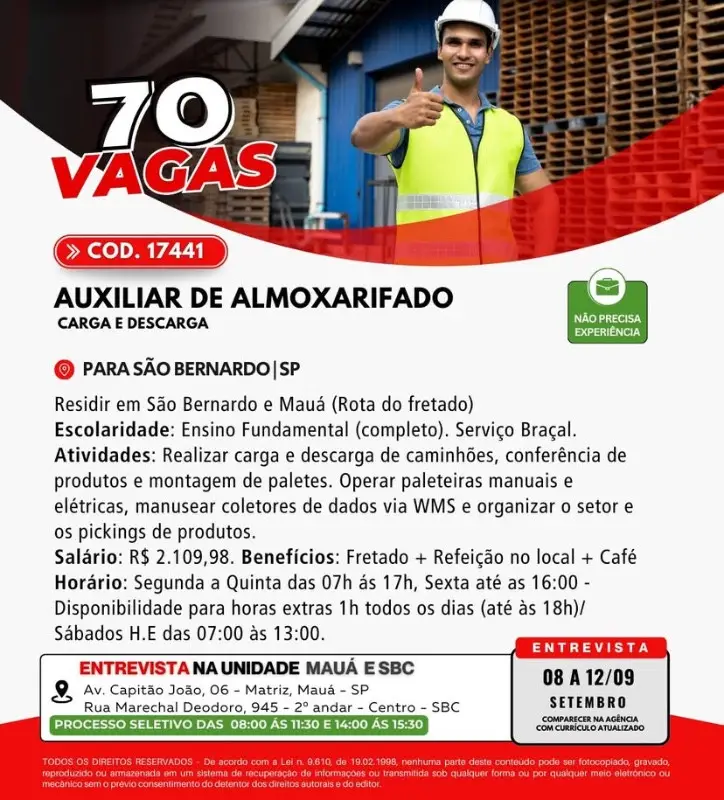 70 Vagas de emprego para Auxiliar De Almoxarifado na Cidade de São Bernardo em 08/09