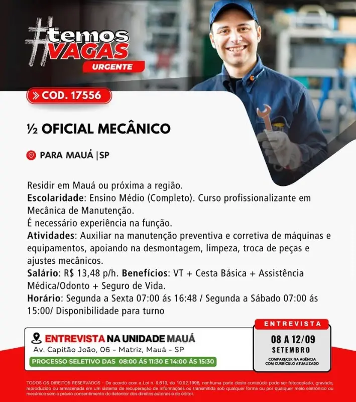 1 Vaga de emprego para Oficial Mecânico na Cidade Mauá em 08/09