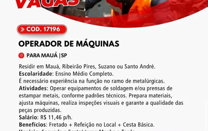 40 Vagas de emprego para Operador De Máquina na Cidade Mauá em 08/09