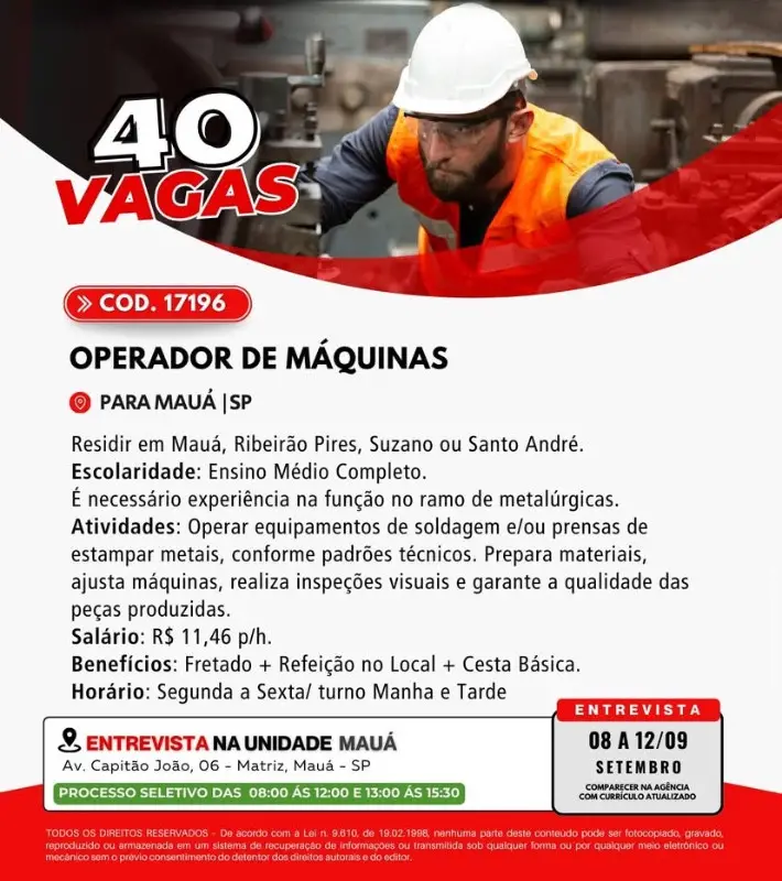 40 Vagas de emprego para Operador De Máquina na Cidade Mauá em 08/09