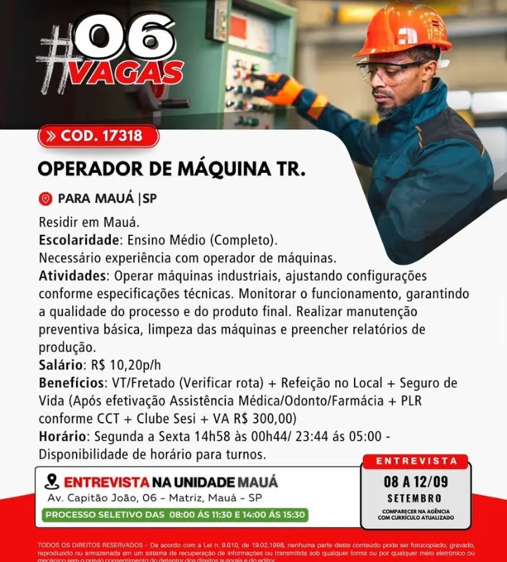 6 Vagas de emprego para Operador De Máquina Tr na Cidade Mauá em 08/09