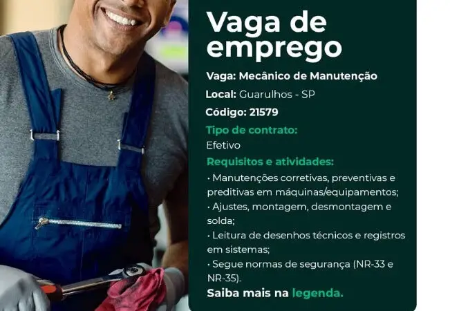 1 Vaga de emprego para Mecânico De Manutenção na Cidade Guarulhos em 08/09
