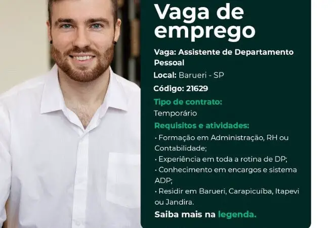1 Vaga de emprego para Assistente De Departamento Pessoal na Cidade  Barueri em 08/09