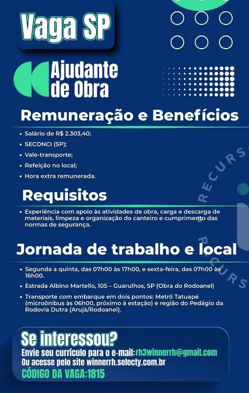 1 Vaga de emprego para Ajudante De Obras na Cidade Guarulhos em 08/09