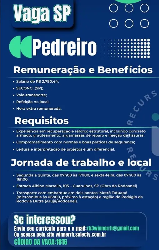 1 Vaga de emprego para Pedreiro na Cidade Guarulhos em 08/09