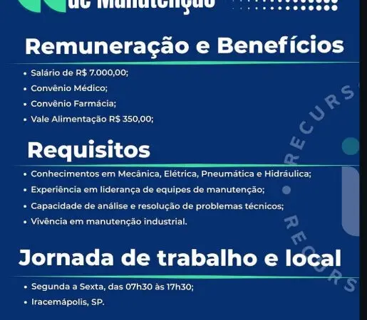 1 Vaga de emprego para Encarregado De Manutenção na Cidade Iracemápolis em 08/09