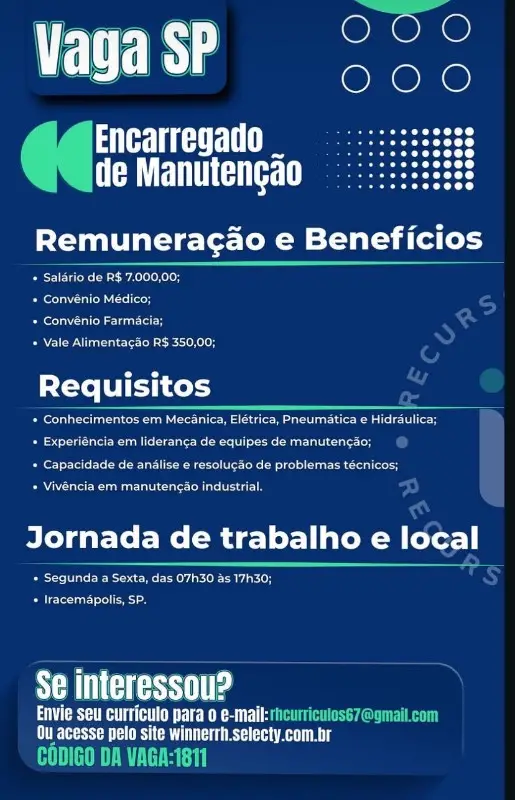 1 Vaga de emprego para Encarregado De Manutenção na Cidade Iracemápolis em 08/09