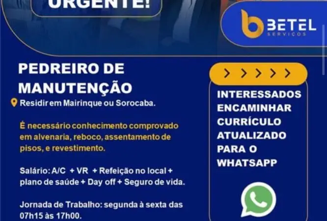 1 Vaga de emprego para Pedreiro De Manutenção na Cidade Sorocaba em 08/09