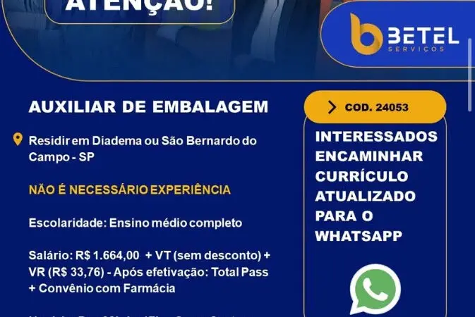 1 Vaga de emprego para Auxiliar De Embalagem sem experiência na Cidade Diadema em 08/09