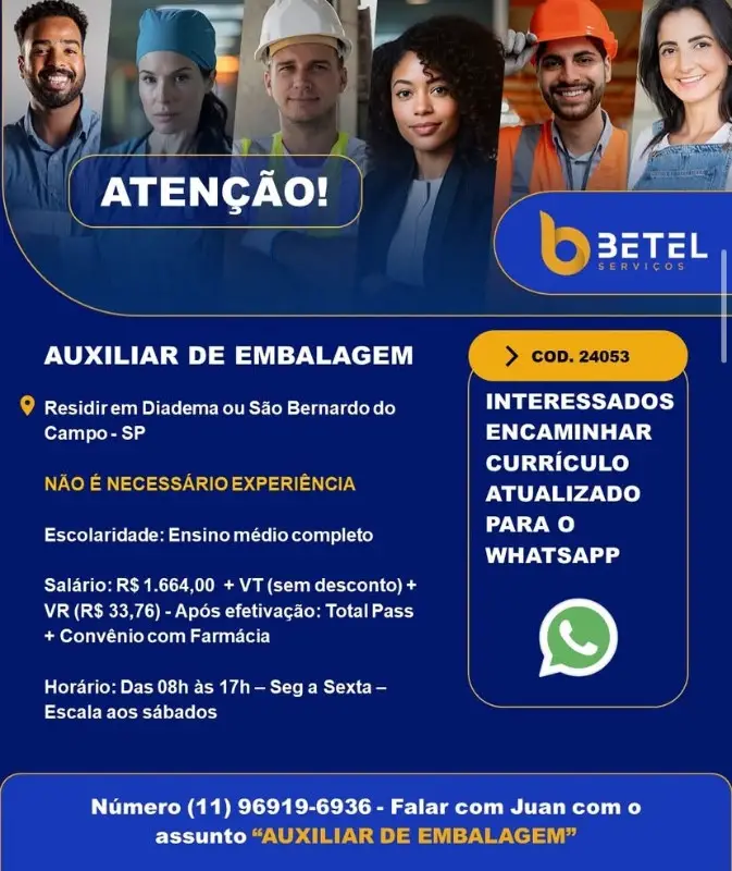 1 Vaga de emprego para Auxiliar De Embalagem sem experiência na Cidade Diadema em 08/09