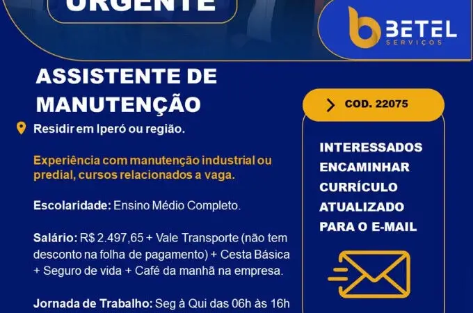 1 Vaga de emprego para Assistente De Manutenção na Cidade Iperó em 08/09