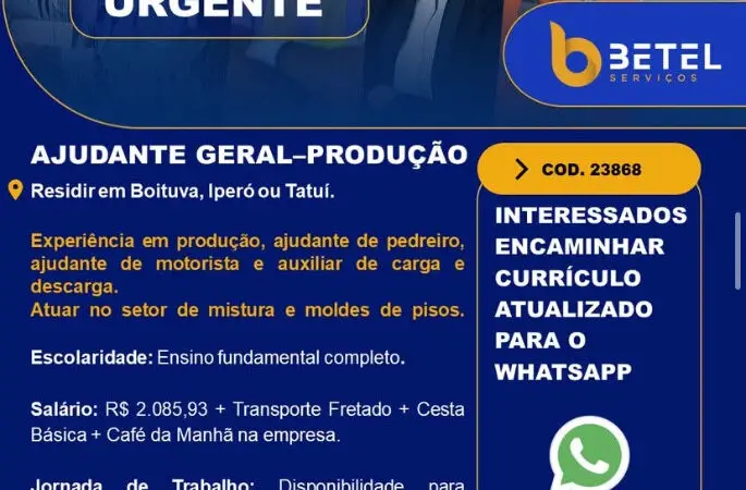 1 Vaga de emprego para Ajudante Geral Produção na Cidade Boituva em 08/09