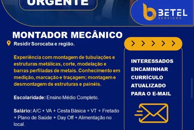 1 Vaga de emprego para Montador Mecânico na Cidade Sorocaba em 08/09