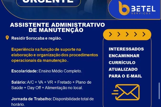 1 Vaga de emprego para Assistente Administrativo De Manutenção na Cidade Sorocaba em 08/09