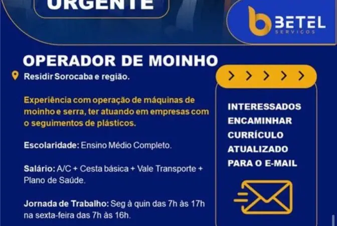 1 Vaga de emprego para Operador De Moinho na Cidade Sorocaba em 08/09