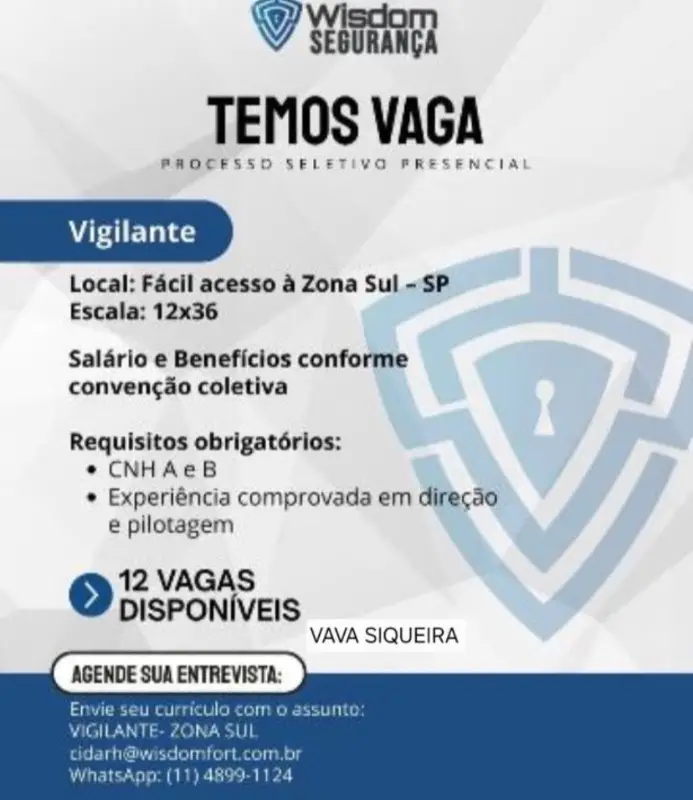 12 Vagas de emprego para Vigilante na empresa Wisdom em 08/09