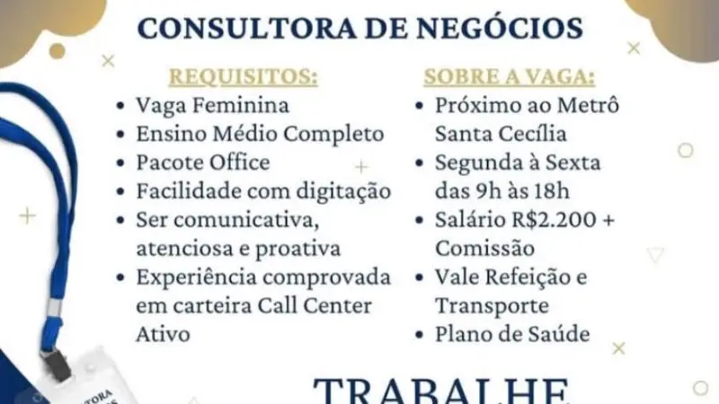 1 Vaga de emprego para Consultora De Negócios na empresa Saldanha assessoria em 08/09