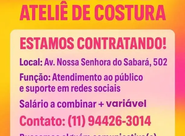 1 Vaga de emprego para Atendente Ateliê De Costura no Bairro Jardim Marajoara em 08/09