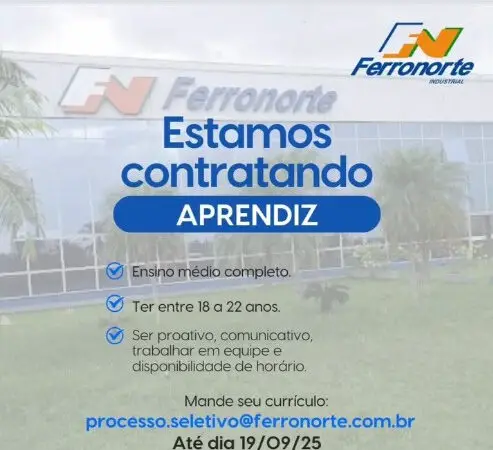 1 Vaga de emprego para Jovem Aprendiz sem experiência na empresa Ferronorte em 06/09
