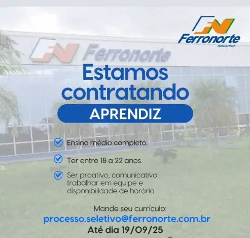 1 Vaga de emprego para Jovem Aprendiz sem experiência na empresa Ferronorte em 06/09