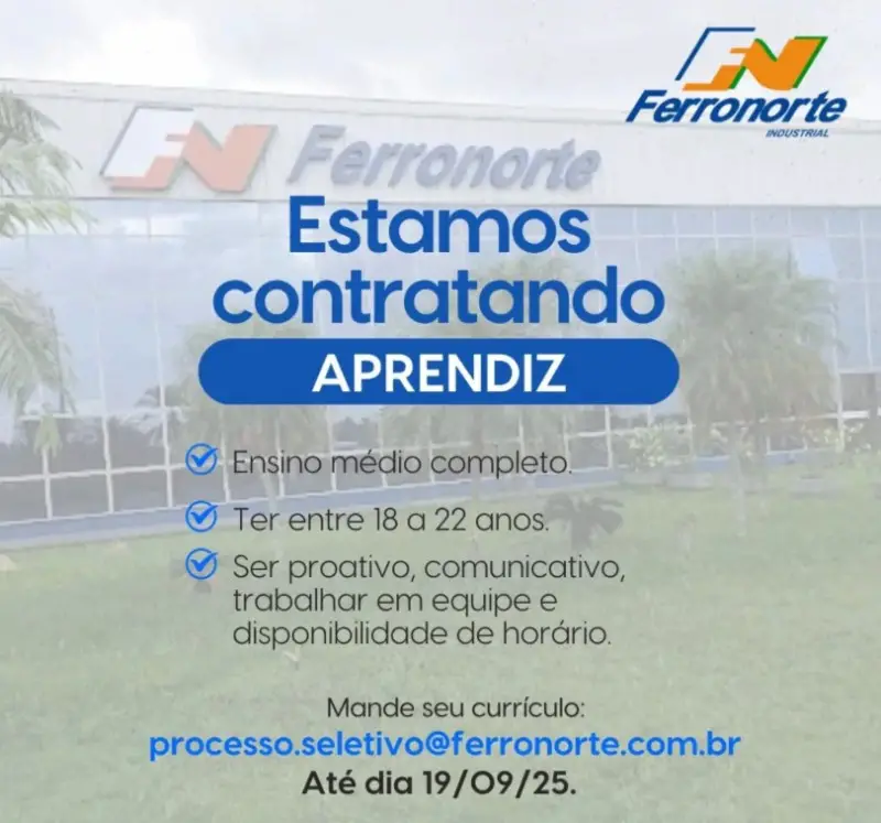 1 Vaga de emprego para Jovem Aprendiz sem experiência na empresa Ferro Norte em 10/09