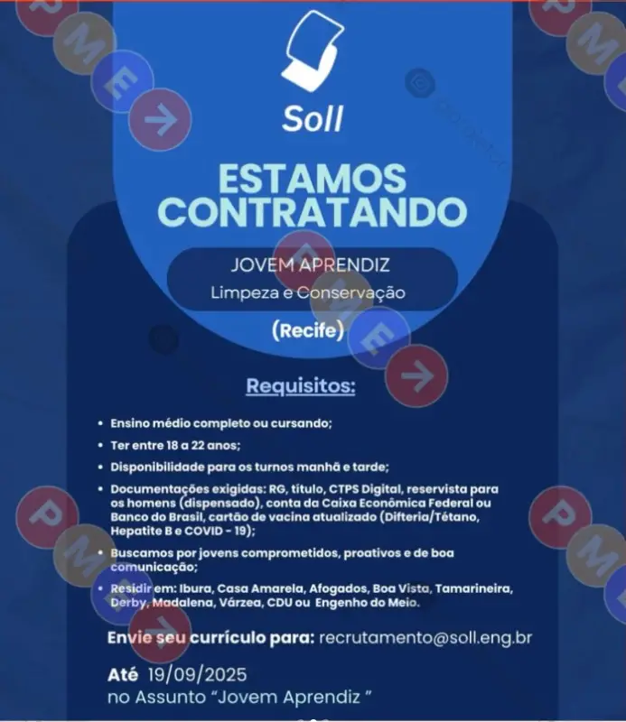 1 Vaga de emprego para Jovem Aprendiz sem experiência na empresa Soll em 10/09