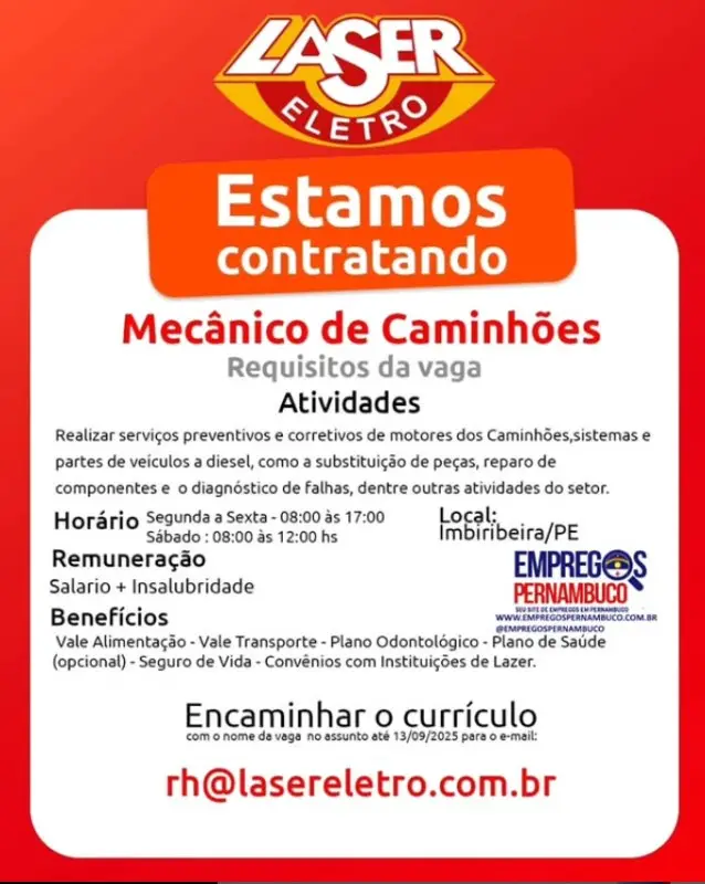1 Vaga de emprego para Mecânico De Caminhões na empresa Laser Eletro em 09/09