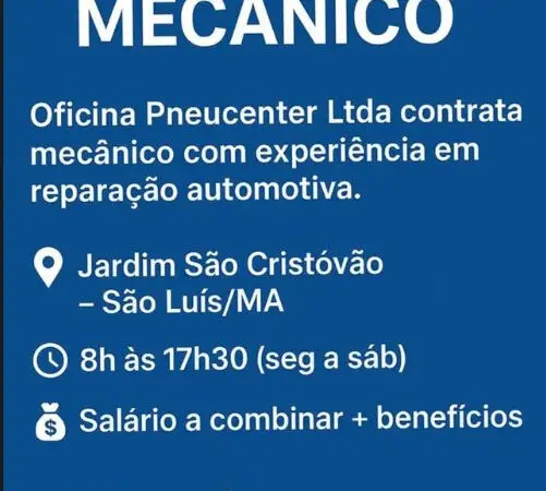 1 Vaga de emprego para Mecânico na empresa Oficina Pneucenter Automotiva em 06/09