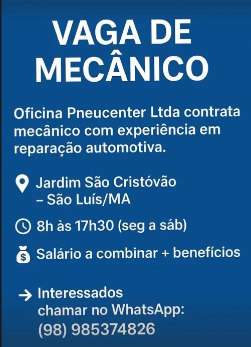 1 Vaga de emprego para Mecânico na empresa Oficina Pneucenter Automotiva em 06/09