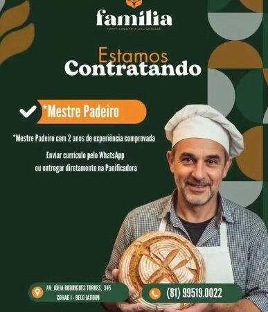 1 Vaga de emprego para Mestre Padeiro na empresa Família Delicatessen em 06/09
