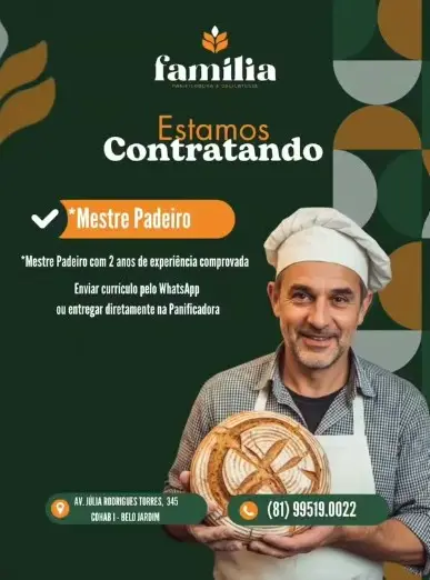 1 Vaga de emprego para Mestre Padeiro na empresa Família Delicatessen em 06/09