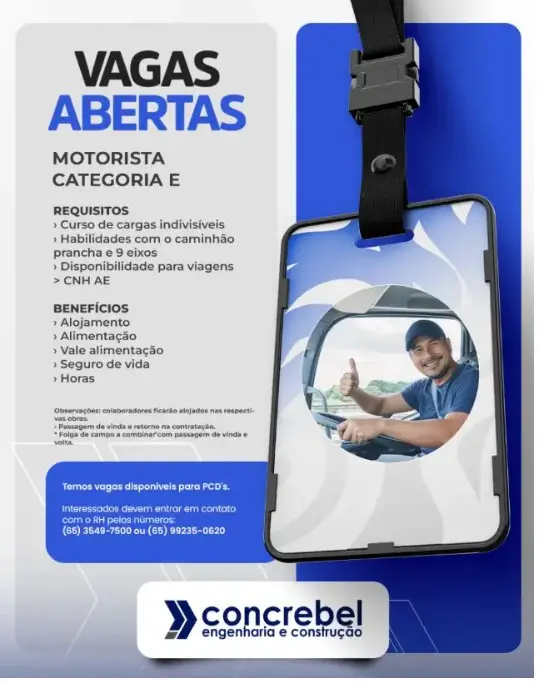 1 Vaga de emprego para Motorista Cnh E sem experiência na empresa Concrebel em 08/09