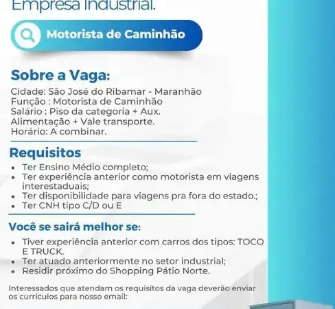 1 Vaga de emprego para Motorista De Caminhão no Segmento Industrial em 08/09