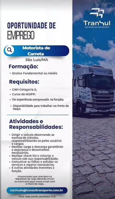 1 Vaga de emprego para Motorista De Carreta na empresa Transul em 06/09