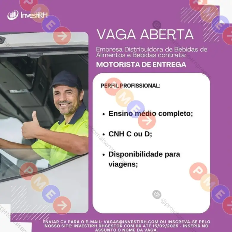 1 Vaga de emprego para Motorista De Entrega sem experiência na empresa Investi RH em 06/09