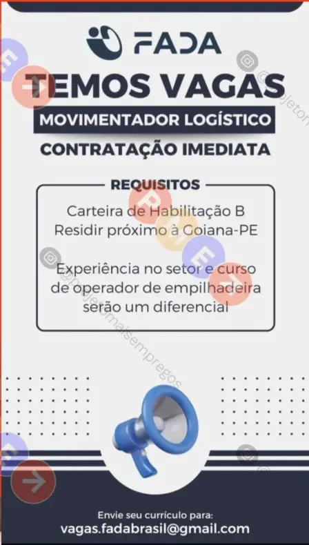 1 Vaga de emprego para Movimentador Logístico na empresa Fada em 06/09