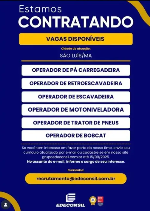 6 Vagas de emprego para Operadores De Diversos Maquinários na empresa Edeconsil em 08/09