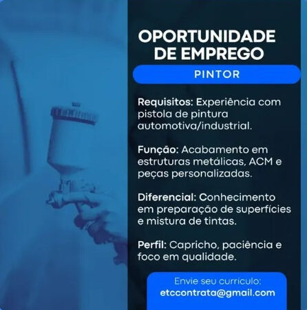 1 Vaga de emprego para Pintor no Segmento automotivo em 06/09