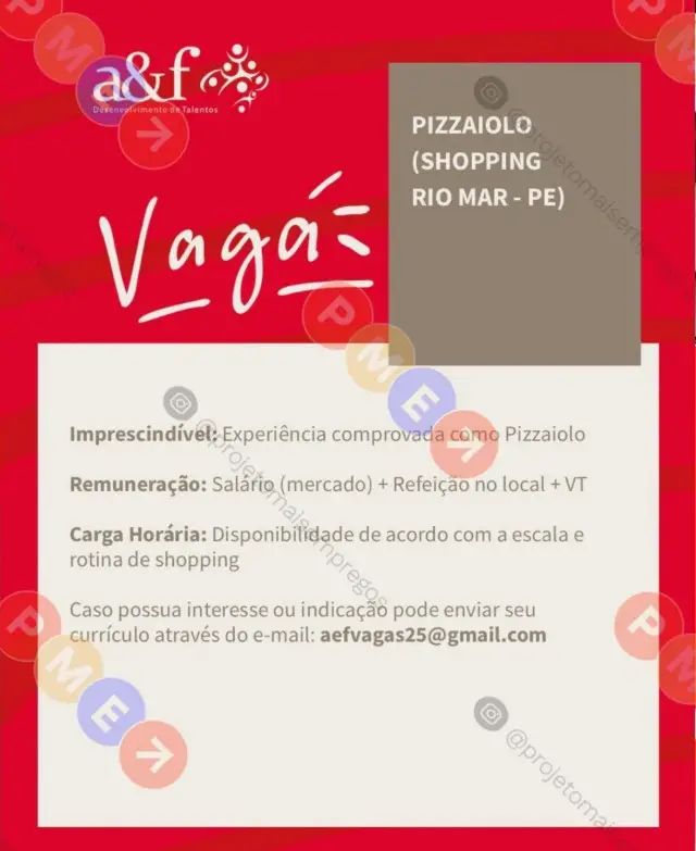 1 Vaga de emprego para Pizzaiolo na empresa A e F em 06/09