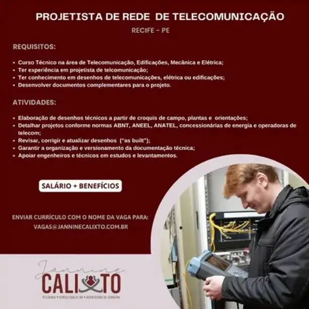 1 Vaga de emprego para Projetista De Rede De Telecomunicação na empresa Jannine Calixto em 06/09