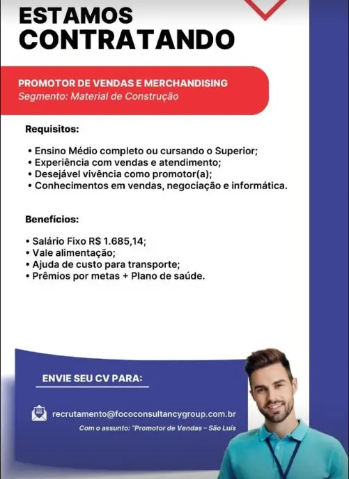 1 Vaga de emprego para Promotor De Vendas E Merchandising na empresa Foco Consultancy em 08/09