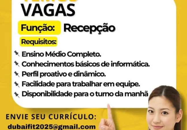 1 Vaga de emprego para Recepção sem experiência na empresa Academia Dubai Fit em 08/09